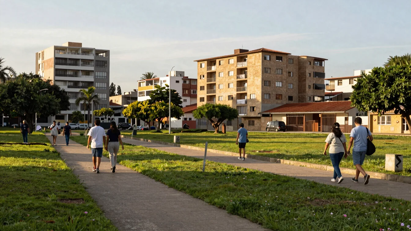 Sendero peatonal entre áreas verdes y edificios de apartamentos e